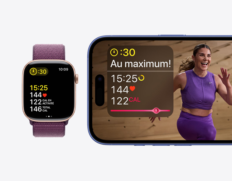 Un entraînement Apple Fitness+, avec durée, fréquence cardiaque et calories brûlées, s’affiche sur un iPhone, à côté d’une Apple Watch Series 10 où s’affichent les mêmes données d’entraînement sur Apple Fitness+.
