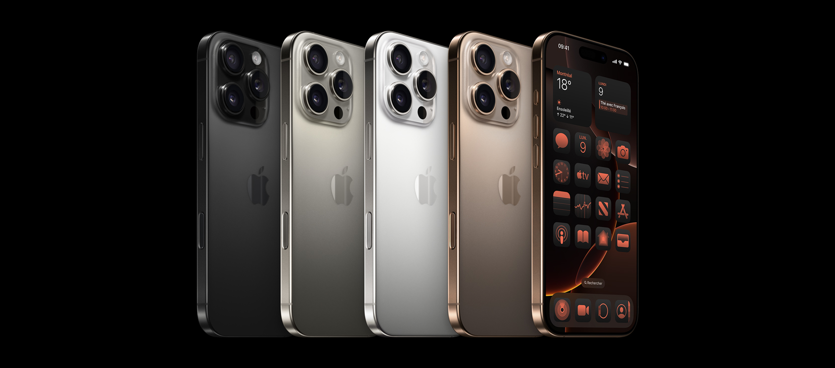 Vue arrière d’iPhone 16 Pro, les quatre finis disponibles, titane noir, titane naturel, titane blanc, titane sable, et vue avant d’un iPhone 16 Pro titane sable