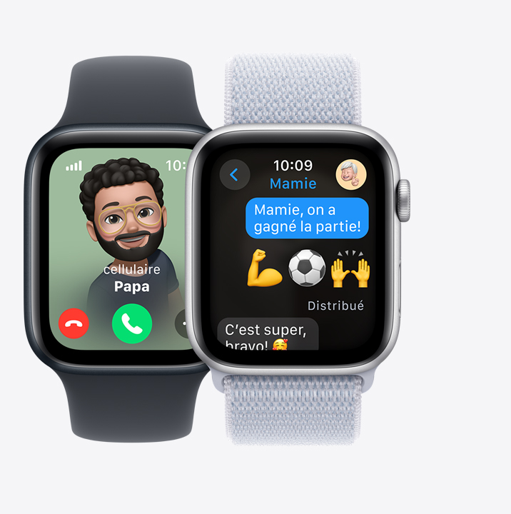 Deux Apple Watch SE. La première affiche un appel entrant de Papa. La seconde montre le texto d’un enfant avec le message, “Mamie, on a gagné la partie!”