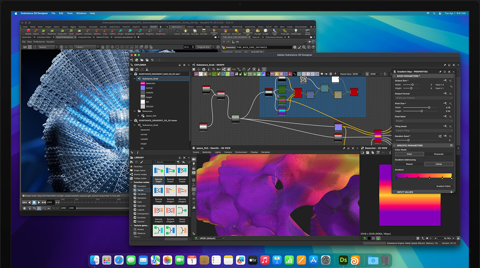 Écran affichant les applications Adobe Substance 3D Designer, Houdini et Redshift, utilisées pour faire du montage sur un Mac Studio avec puce M4 Max