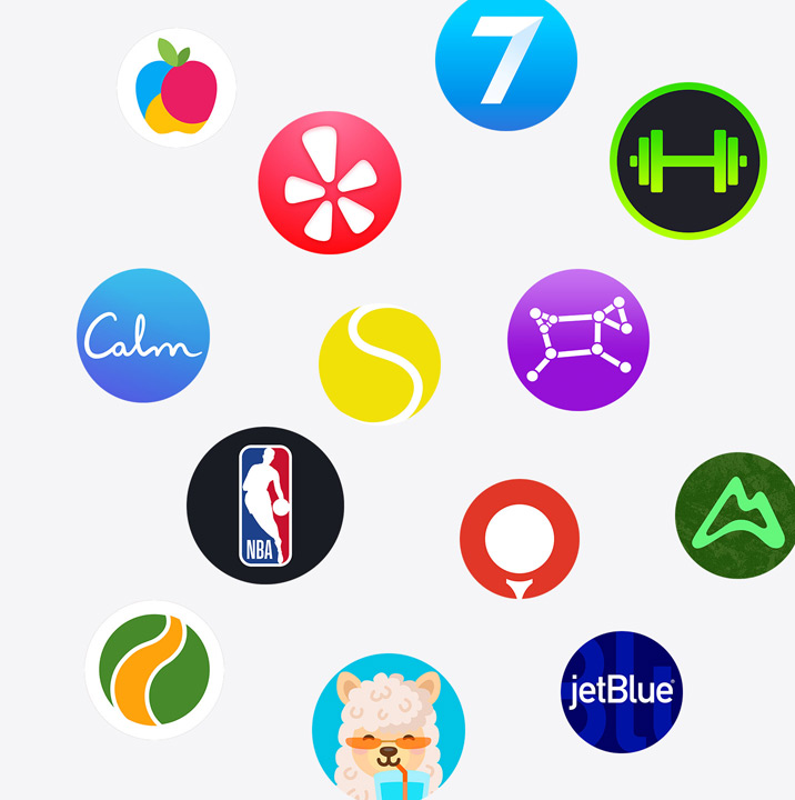 Ikoner för appar till Apple Watch från App Store. ChargePoint, Yelp, Nike Run Club, SmartGym, Calm, NBA, SwingVision, Oceanic+, WeChat, Waterllama, Golfshot, JetBlue och AllTrails
