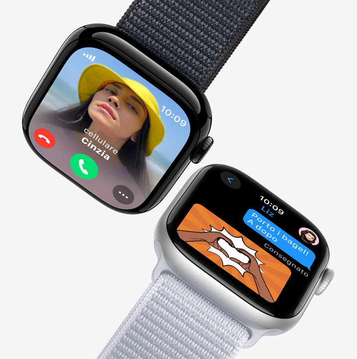 Due display di Apple Watch. Il primo mostra una chiamata in arrivo, il secondo un messaggio di testo.