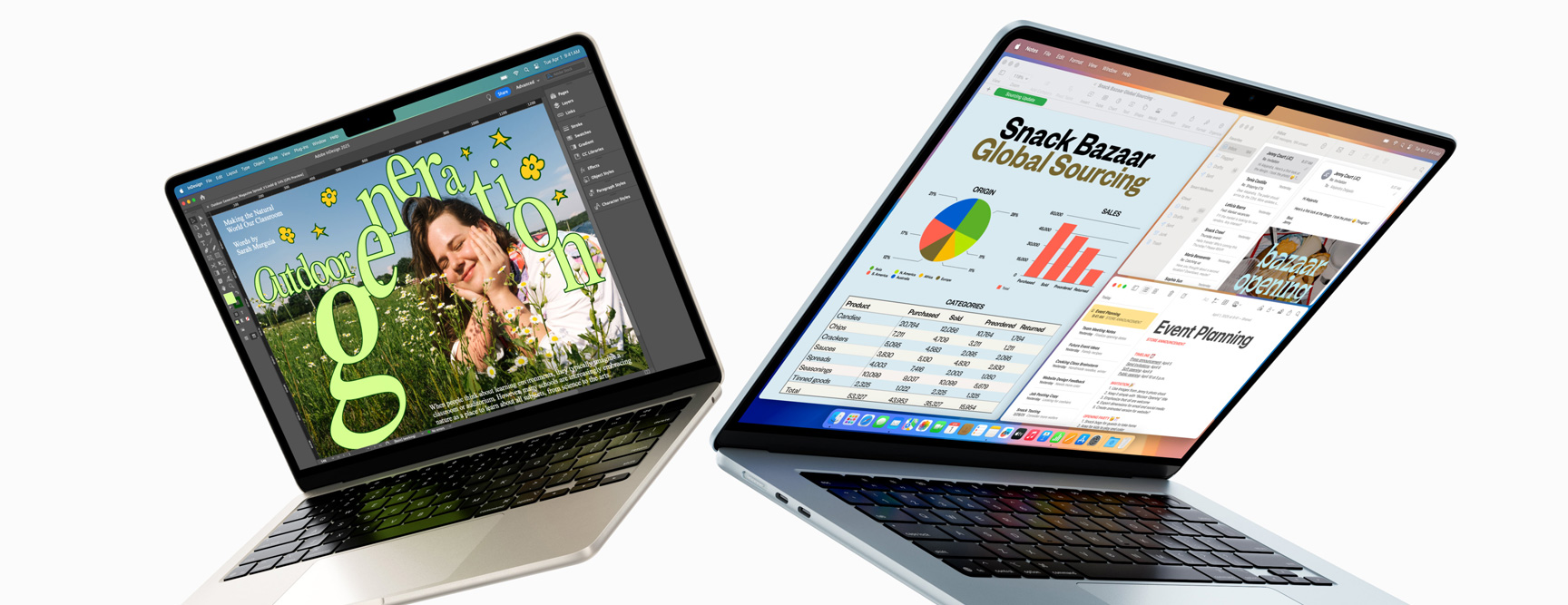 呈半開合狀態的 13 吋及 15 吋 MacBook Air，其中一部畫面顯示設計中的作品，另一部則顯示在電郵和試算表之間的多工處理