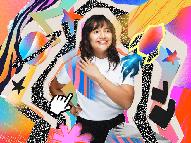 Eine farbenfrohe Collage mit einem Porträt von Luciana Ortiz Nolasco, Entwicklerin von BreakDownCosmic.
