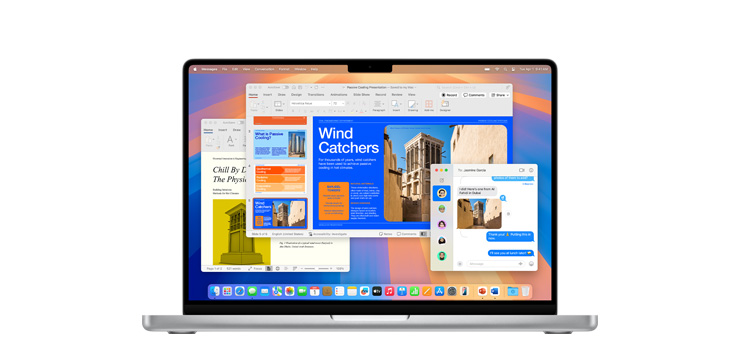 在 MacBook Pro M4 上示範 Microsoft PowerPoint 和訊息等 app。