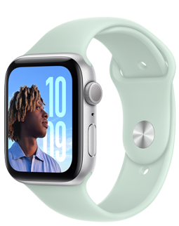 Apple Watch SE з алюмінієвим корпусом сріблястого кольору та спортивним ремінцем аквамаринового кольору (блакитний / зелений).