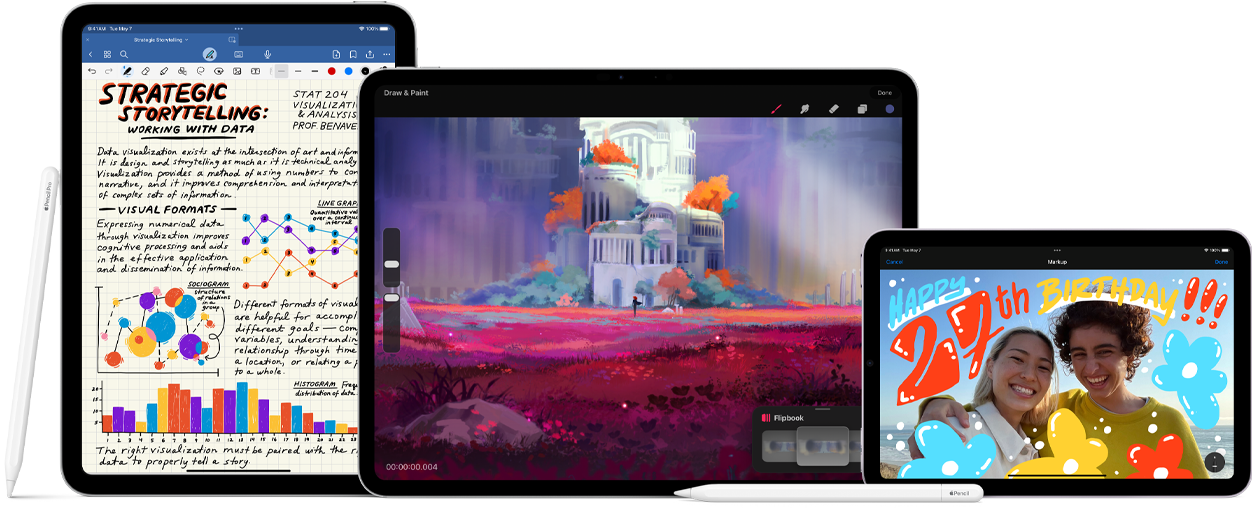 Image of Apple Pencil Pro and Apple Pencil USB-C next to multiple iPad devices displaying examples of handwritten notes and colourful illustrations created with Apple Pencil.