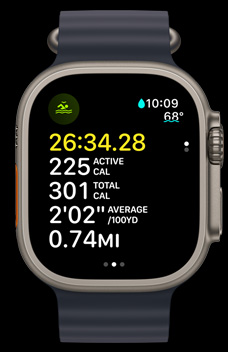 Apple Watch Ultra 2 met op het display een zwemsessie in open water, compleet met de tijd, verbruikte calorieën en het tempo.