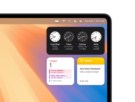 Vários widgets na secretária do Mac, incluindo Relógio, Calendário, Notas e Meteorologia.