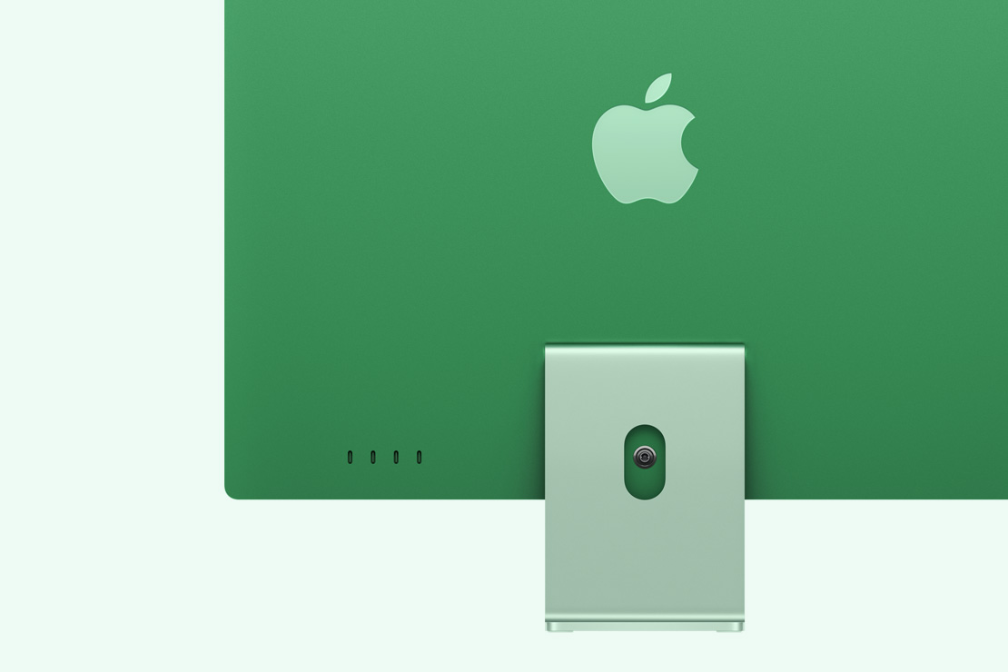iMac vert vu de dos, avec quatre ports USB-C.