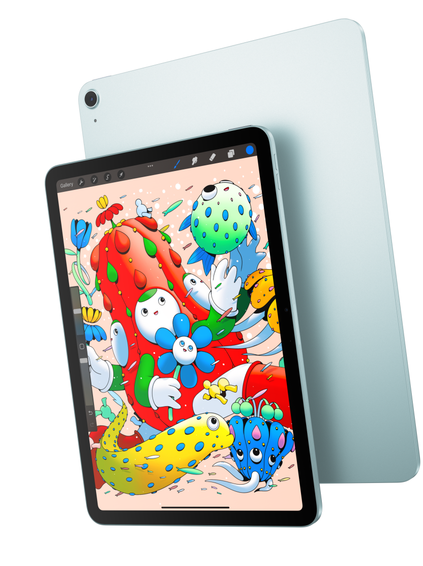 Front exterior, iPad Air showcasing the 11-inch model displaying Procreate and overlapping the back exterior of a blue iPad Air