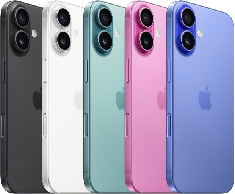 Vue arrière d’iPhone 16, les cinq finis offerts, noir, blanc, sarcelle, rose et bleu outremer
