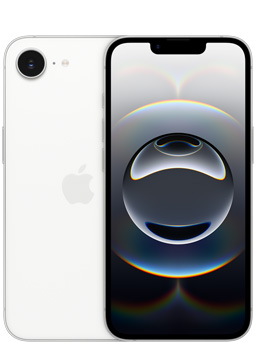 Vue avant d’un iPhone seize-e blanc et vue arrière partielle d’un iPhone seize-e montrant la caméra.