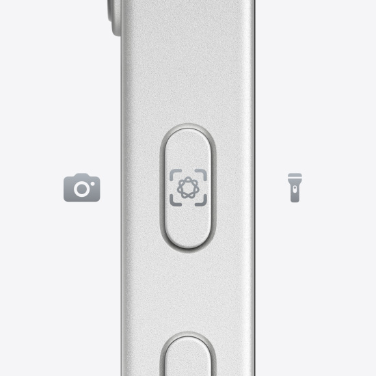 Bouton Action sur le côté d’un iPhone seize-e blanc.
