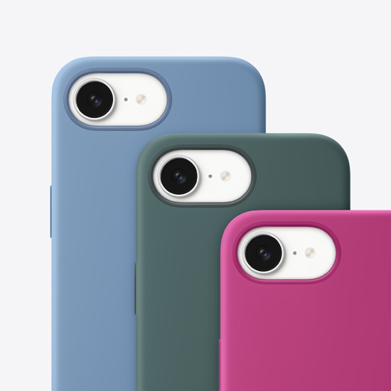 Vue arrière d’étuis en silicone bleu hivernal, vert lacustre et fuchsia pour iPhone seize-e.