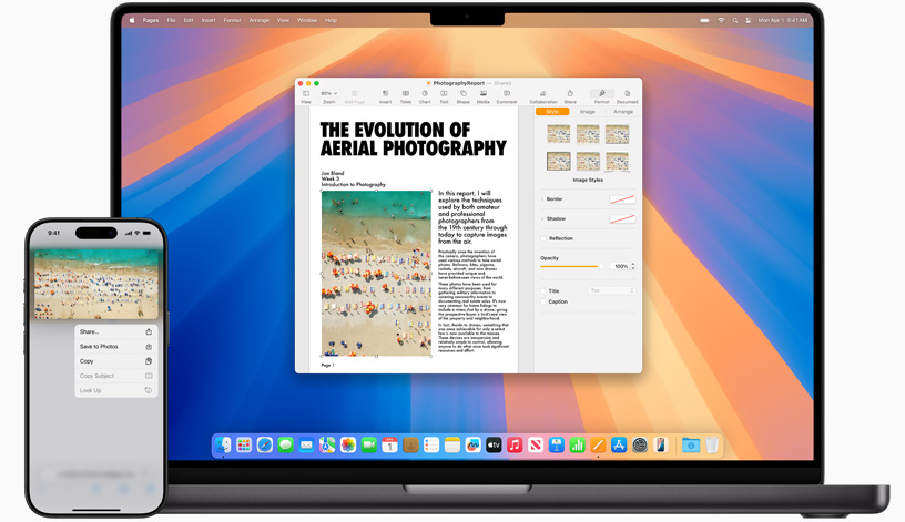 Une image est copiée sur iPhone 15 et collée dans un document Pages sur MacBook Pro.