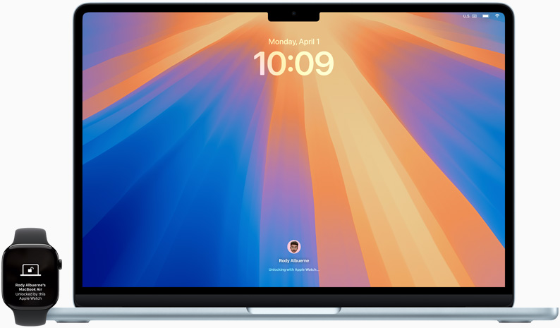 Vue avant d’un MacBook Pro déverrouillé par une Apple Watch