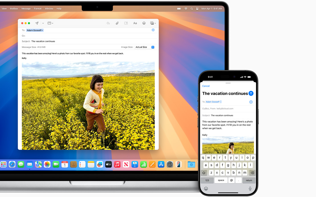 Un iPhone à côté d’un portable Mac ouvert, illustrant la possibilité de commencer à rédiger un courriel sur un appareil et de poursuivre sur l’autre.