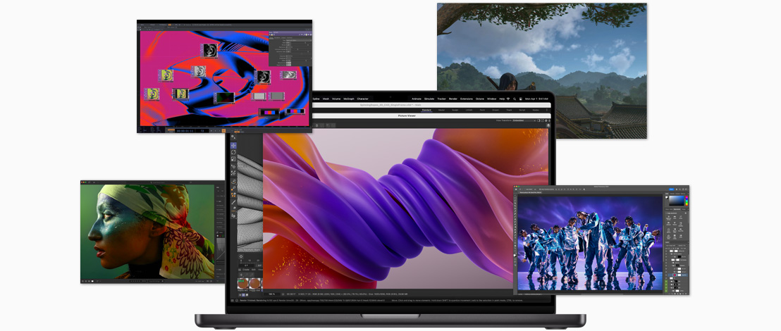 Fenêtres affichant différents logiciels exécutables avec les puces Apple : Xcode, Apple Music, Zoom, Excel, Powerpoint, Keynote, Adobe After Effects, Safari et un logiciel de jeu.