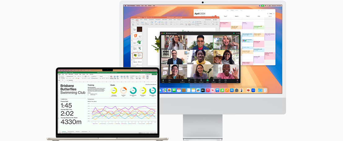 Vue de face d’un MacBook Air affichant Microsoft Excel et vue de face d’un iMac affichant Zoom, Calendrier et Microsoft Powerpoint.