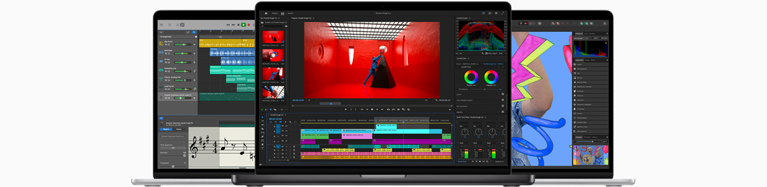 Vue avant d’un MacBook Air affichant un projet Logic Pro. Vue avant d’un MacBook Pro affichant un projet Final Cut Pro. Vue avant d’un MacBook Air affichant un projet iMovie.