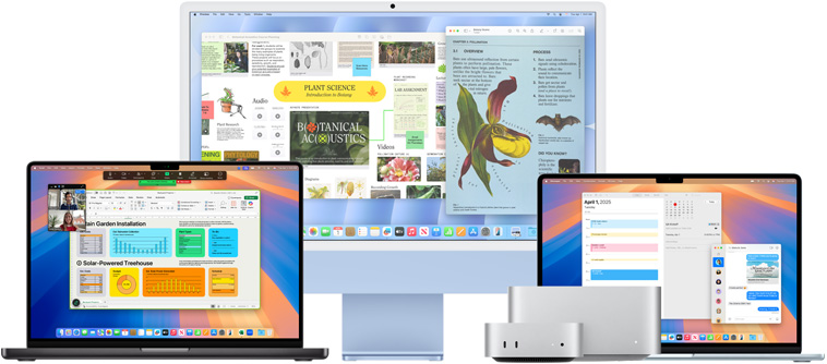 Mac Studio, Mac mini, MacBook Pro, MacBook Air et iMac montrés ensemble, vus de face