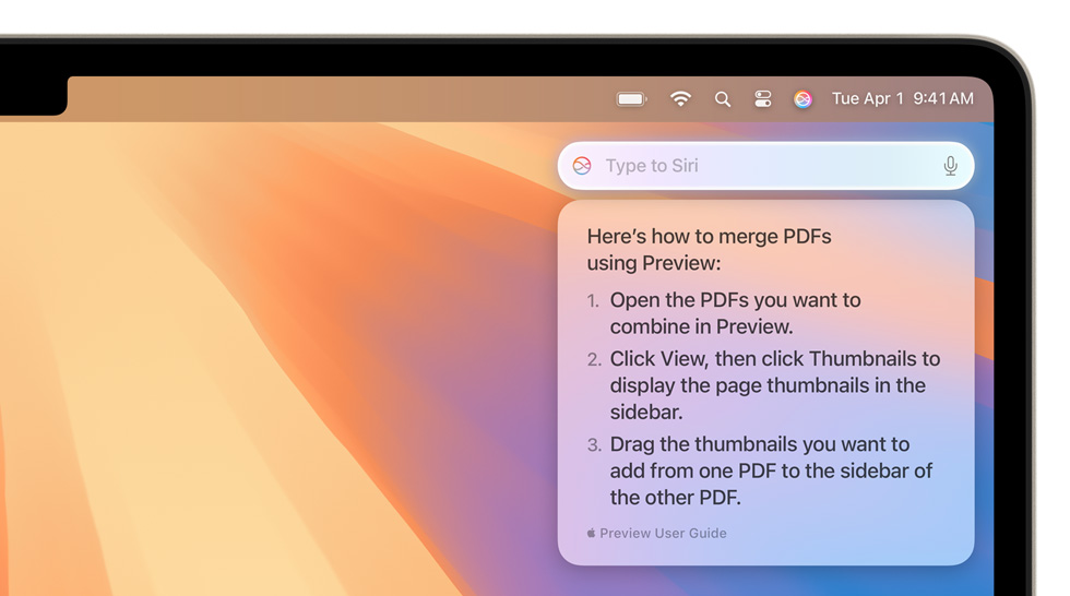 Fenêtre contextuelle de Siri affichant l’information demandée sur la fusion de plusieurs PDF.