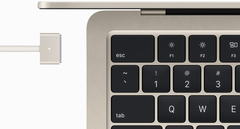 MacBook Air in Starlight colour with colour-matched MagSafe cable