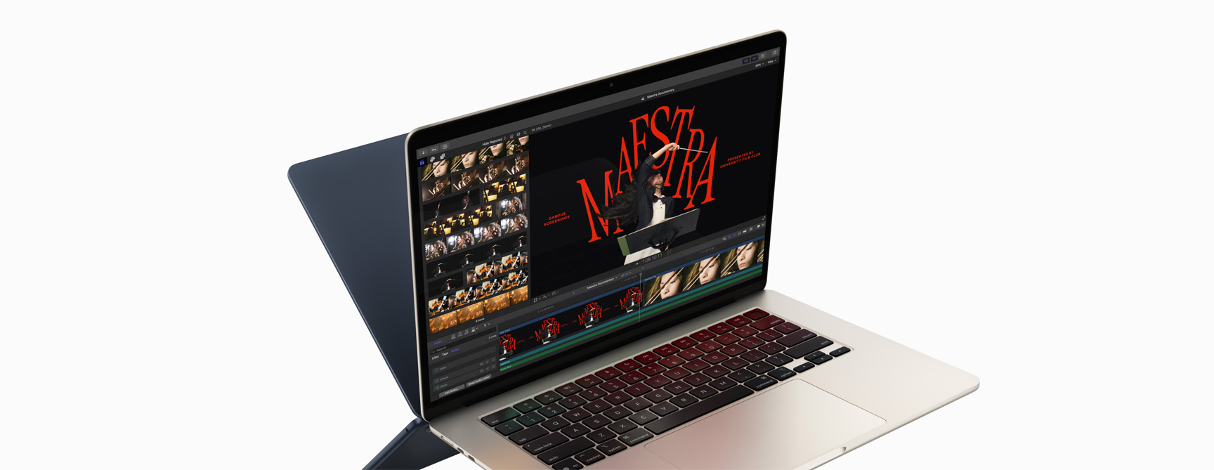 MacBook Air affichant un montage vidéo dans Final Cut Pro pour démontrer les capacités de la puce M4 - le deuxième MacBook Air fait dos au premier, comme un reflet dans un miroir