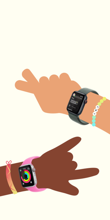 Illustration som visar två barnhänder. Båda har en Apple Watch SE på handleden.