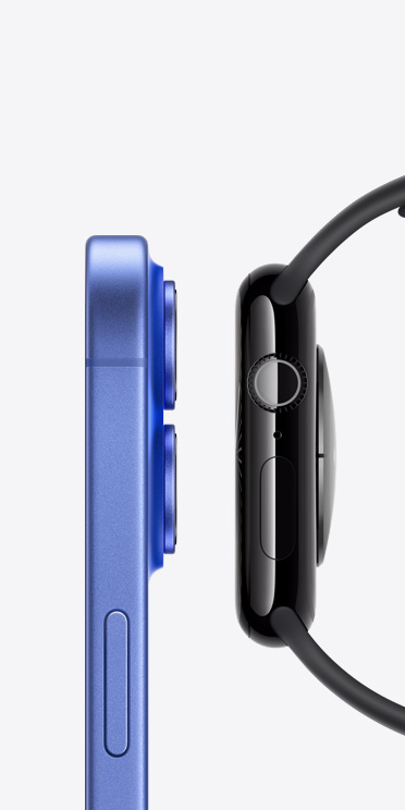 Vue de profil d’un iPhone 16 et d’une Apple Watch Series 10, côte à côte.