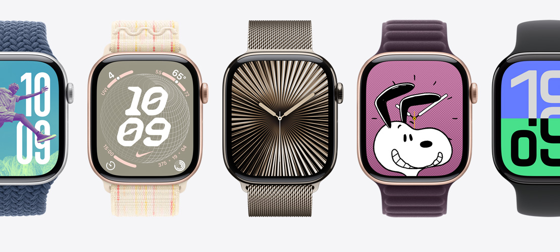 Flera olika Apple Watch-urtavlor, däribland Reflektioner och Snobben.