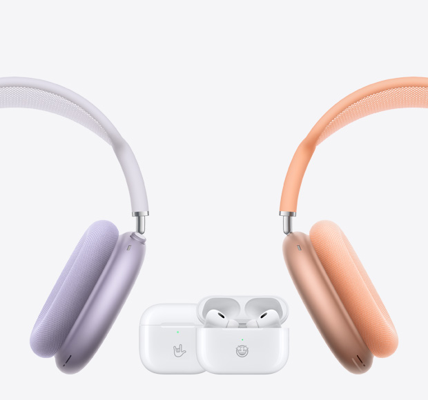 Des casques d’écoute AirPods Max à gauche et à droite, avec AirPods 4 et AirPods Pro 2 au centre.