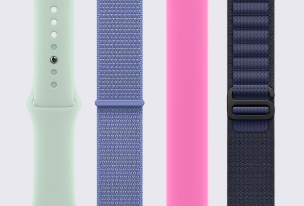 Plusieurs bracelets pour Apple Watch disposés côte à côte à la verticale.