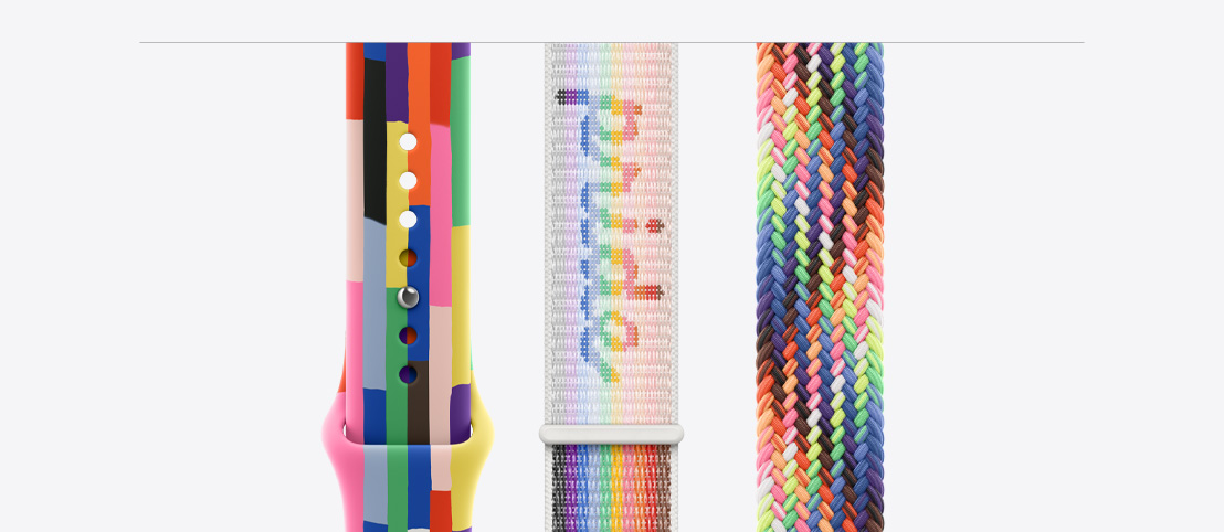 Bracelet sport édition Fierté, six bandes formées de minces rectangles de différentes teintes unies, dont celles de l’arc-en-ciel, bords légèrement irréguliers, fluoroélastomère doux, fermoir à clou et passant, bracelet sport à rabat édition Fierté, fermeture à rabat, mot pride tissé sur le bracelet, bracelet solo tressé édition Fierté, tressé dans un ensemble de couleurs néon qui rappellent l’éclat du drapeau arc-en-ciel